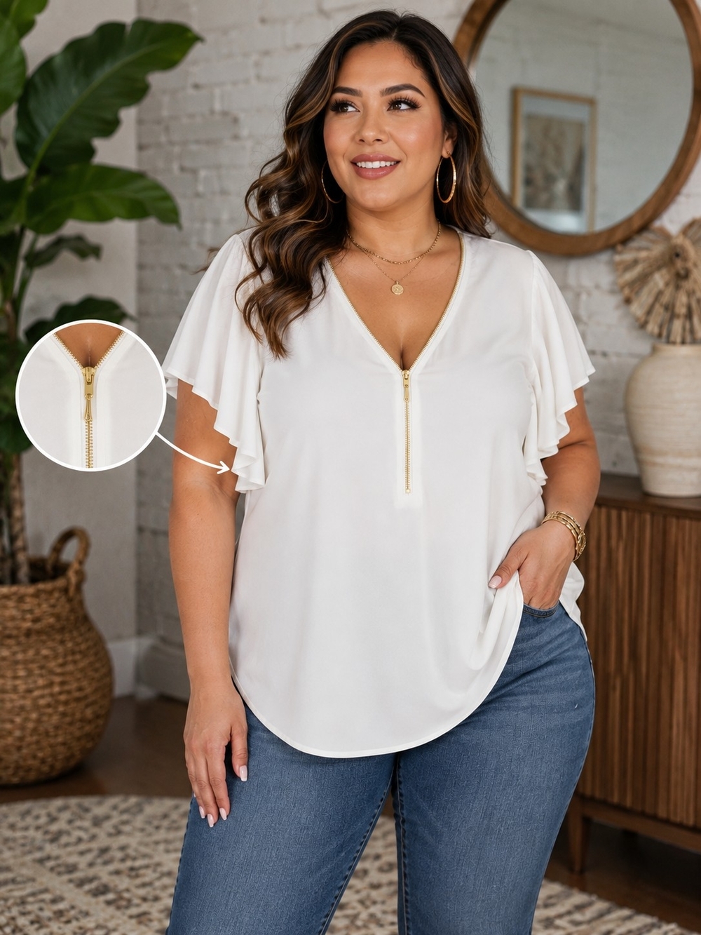 City Chic White V-Neck Flutter Sleeve Top with Front Zip - 22